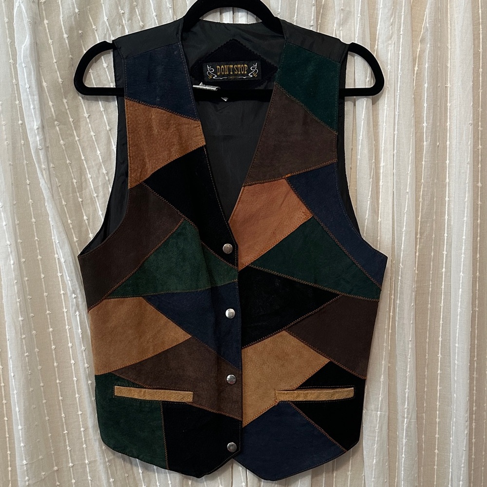 Patchwork Suede Vest With Snap Button Closure - image 2